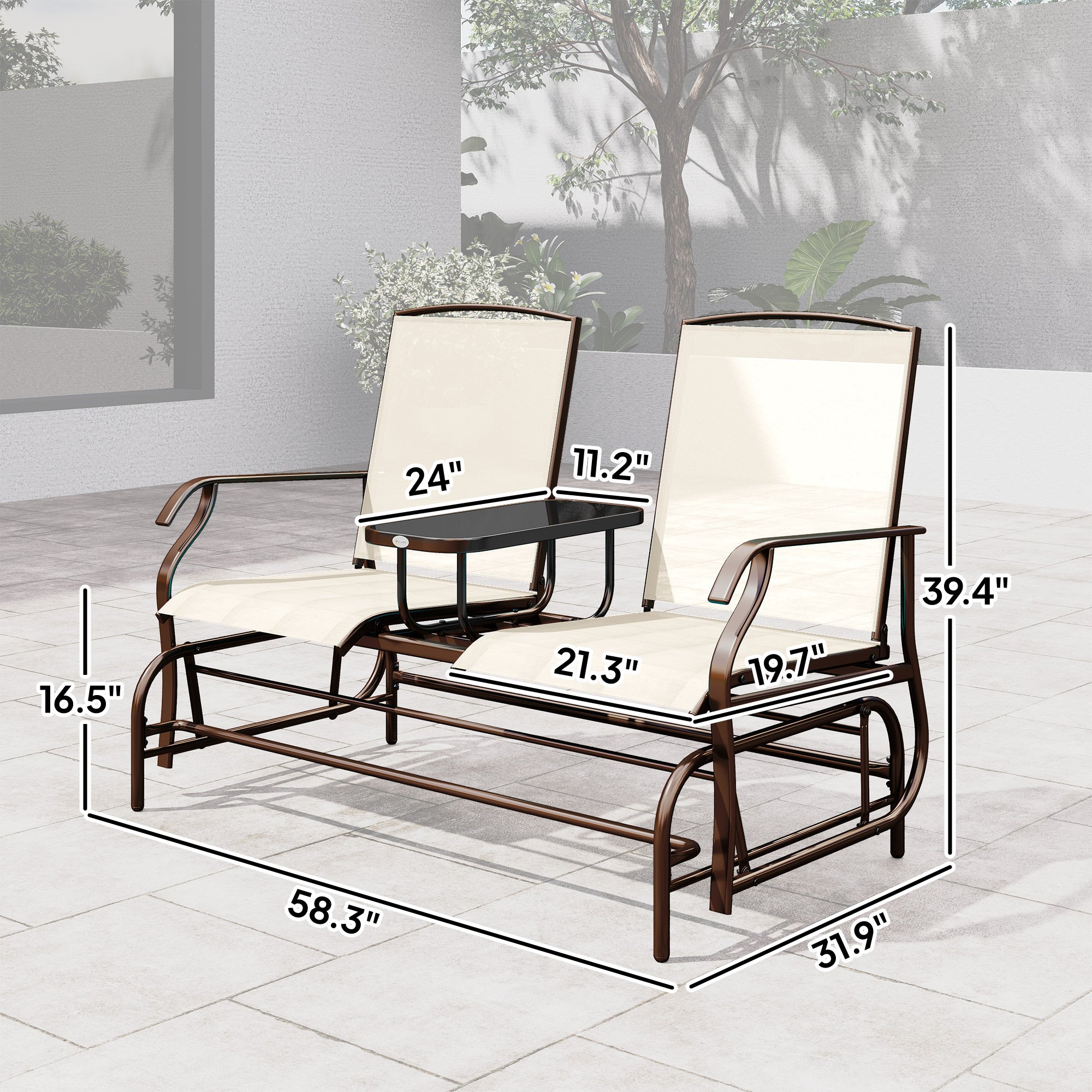 Outdoor Glider Bench with Center Table, Metal Frame Patio Loveseat with Breathable Mesh Fabric and Armrests for Backyard Garden Porch