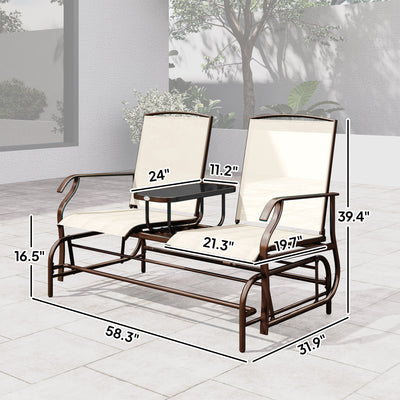 Outdoor Glider Bench with Center Table, Metal Frame Patio Loveseat with Breathable Mesh Fabric and Armrests for Backyard Garden Porch