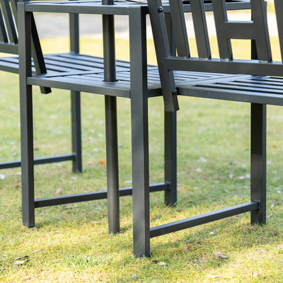 Metal Garden Bench with Middle Table and Umbrella Hole, 2-in-1 Double Patio Chairs, Outdoor 2-person Tete-a-Tete, Slatted, Black