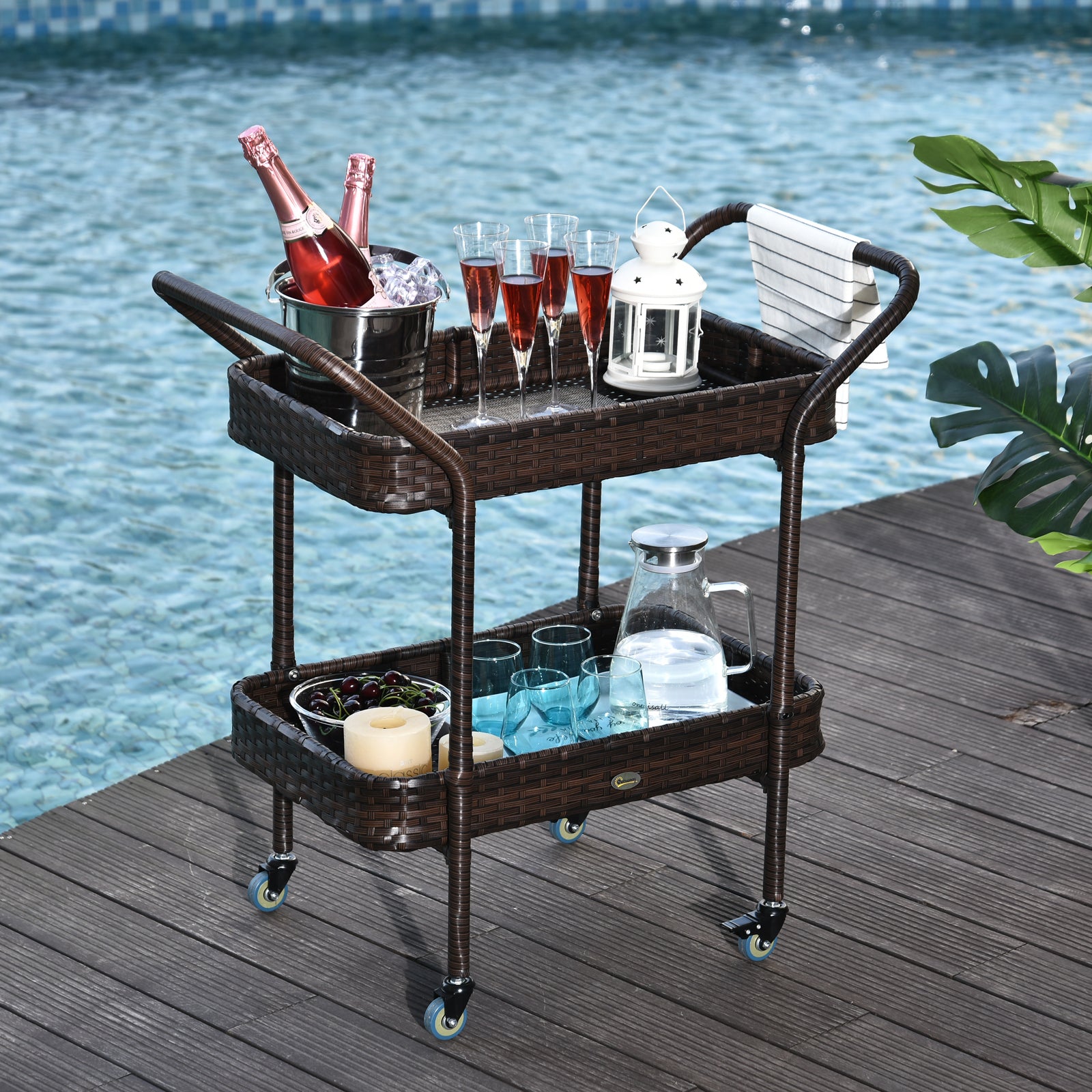 PE Rattan Outdoor Bar Table, Outdoor Kitchen Island with 2-Tier Shelf, Wheeled Patio Serving Cart with Brakes for Poolside, Garden, Brown