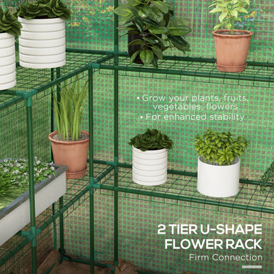 4.6' x 4.7' Portable Greenhouse, Water/UV Resistant Walk-In Small Outdoor Green House with 2 Tier U-Shaped Flower Rack Shelves, Roll Up Door & Windows
