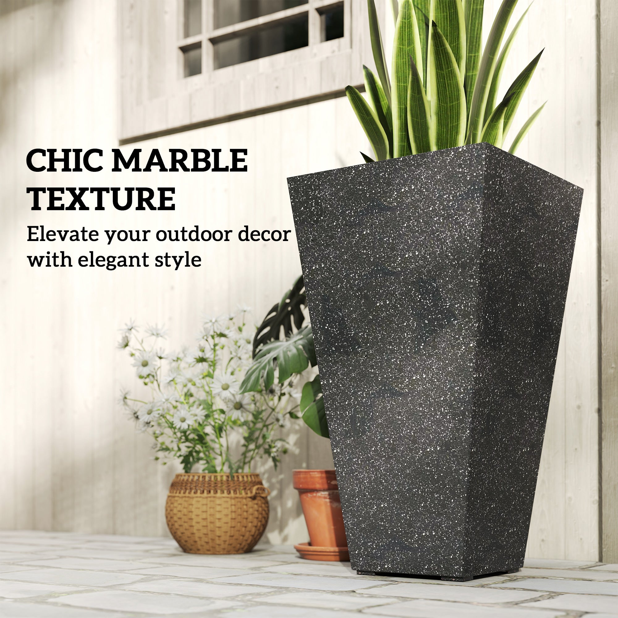 28" Tall Planters, Set of 3 Plastic Flower Pots with Marble Finish and Drainage Holes, Stackable Taper Planters, Black
