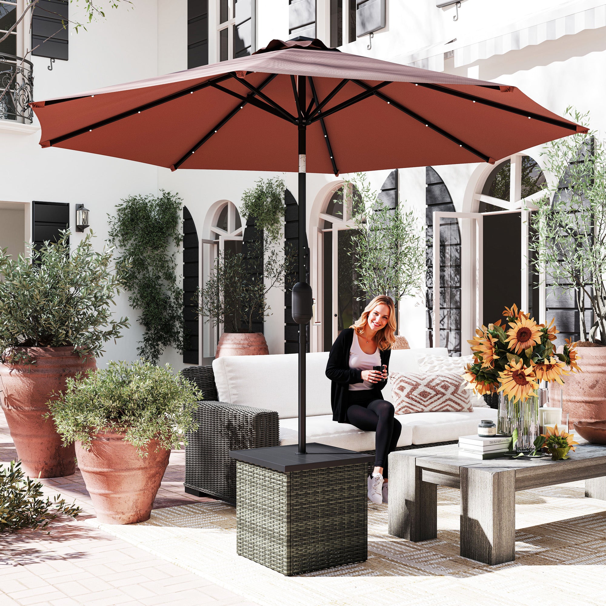 Wicker Side Table with 1.5" Umbrella Hole, Square Outdoor End Table with UV-Resistant Frame, Storage Space