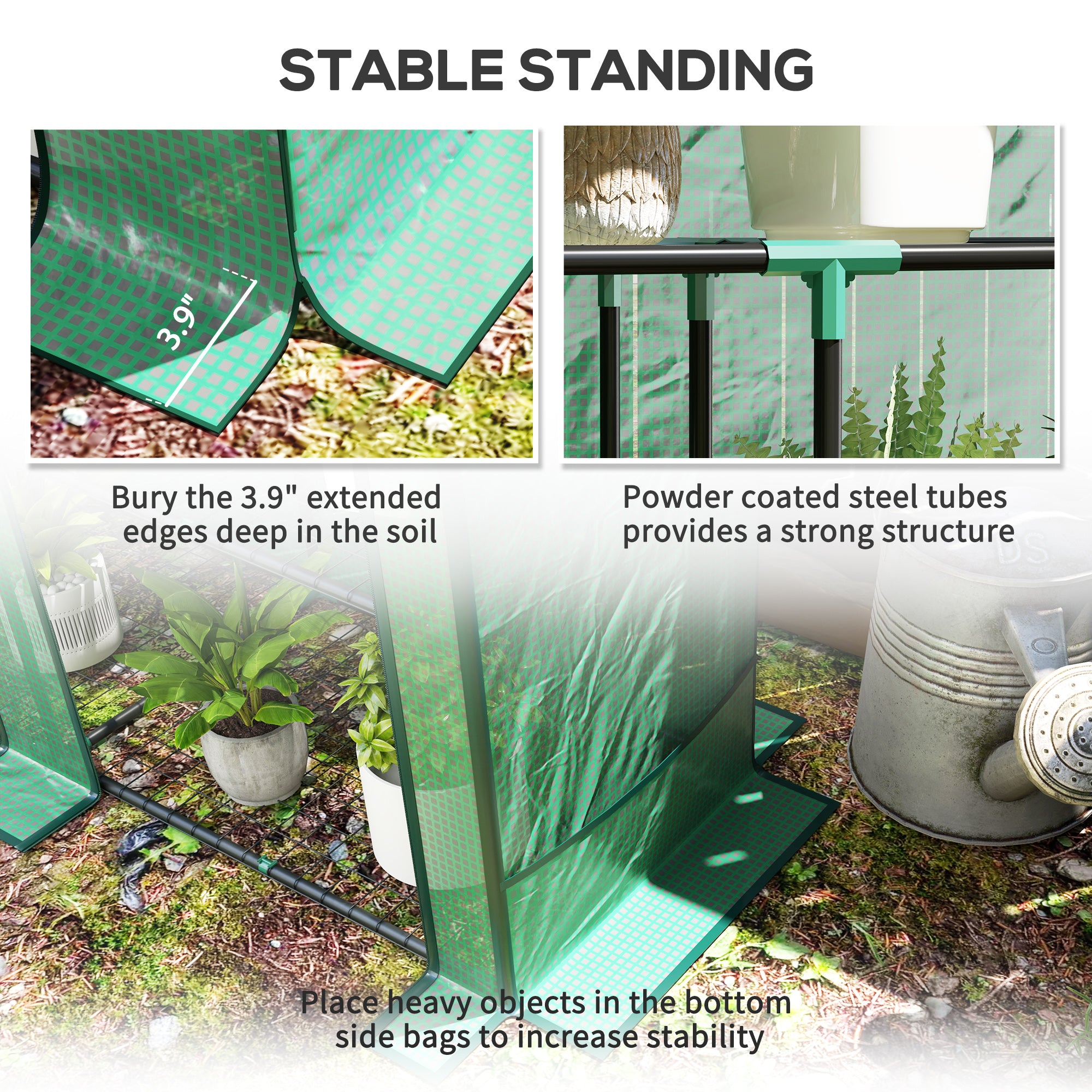 Lean-to Greenhouse with 3 Tier Shelves, Portable Greenhouse with PE Cover, 2 Roll-Up Doors, 56.7" x 18.9" x 59.8", Green