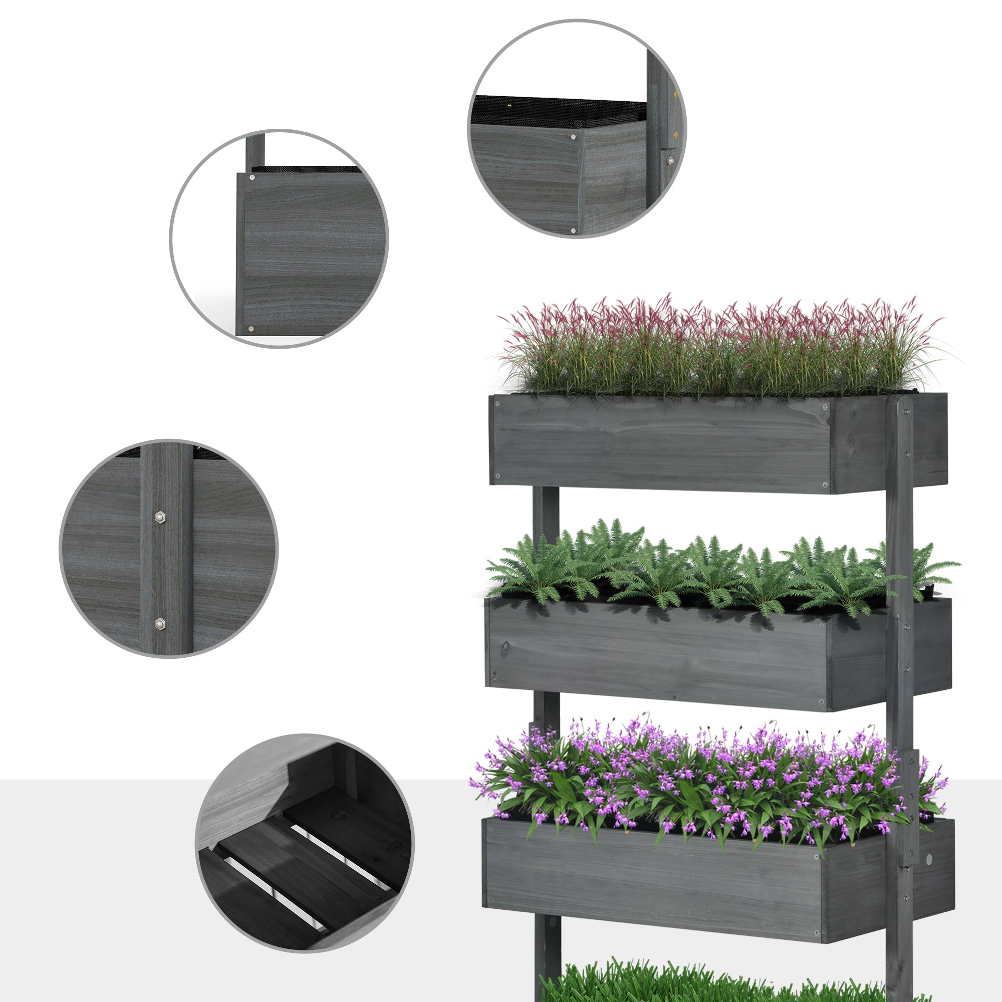 Outdoor Wooden Vertical Garden Planter, 4 Tier Planter Box, Self-Draining for Flowers, Vegetables, Herbs, Gray