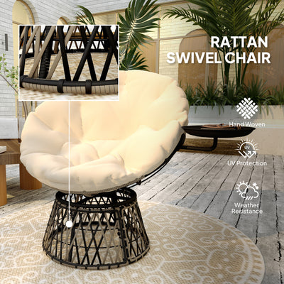 360° Swivel Outdoor Papasan Chair, 39" Overstuffed Circle Chair with Side Tray, Thick Cushion for Indoor Patio, Beige