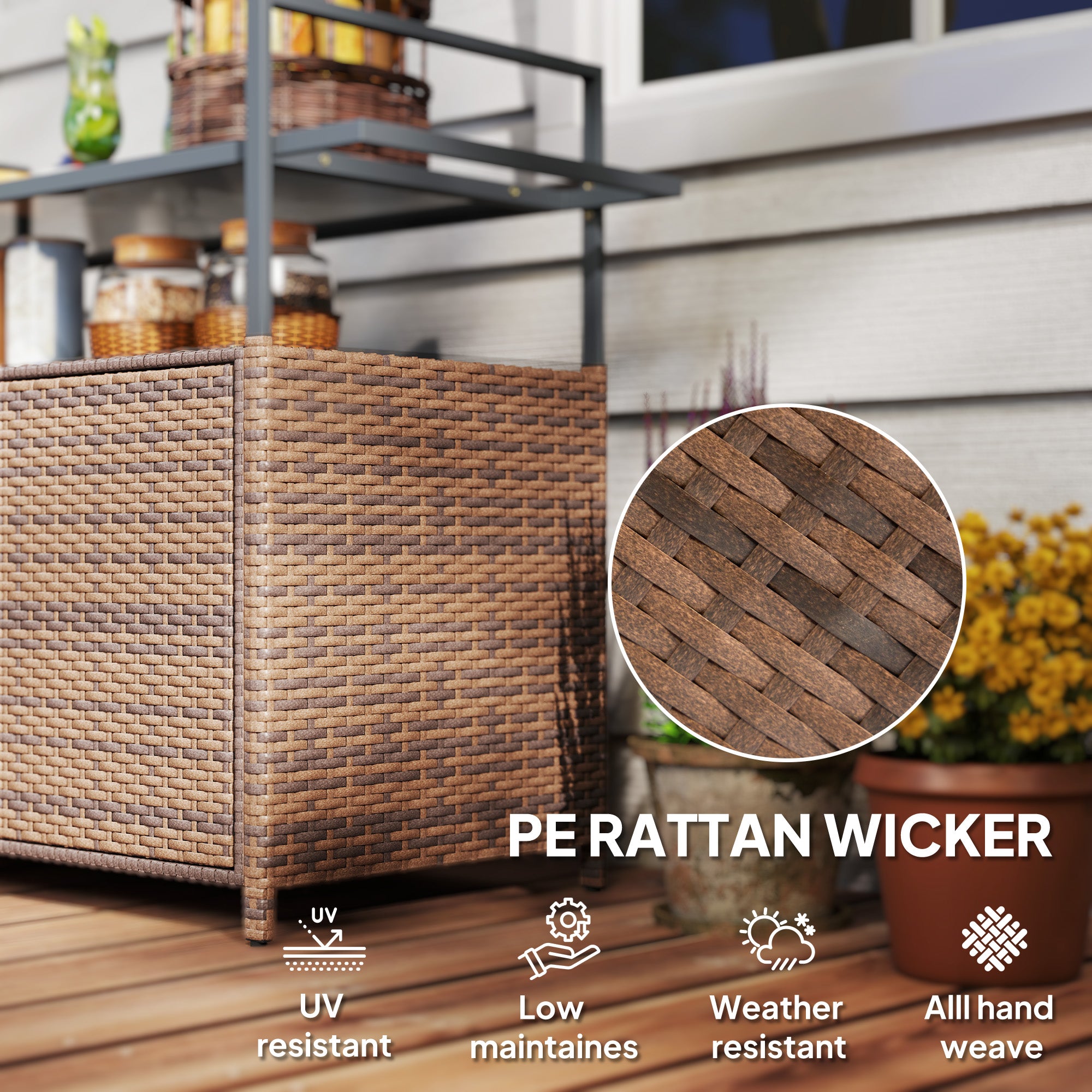 2-Tier Shelf PE Rattan Outdoor Bar Table, Glass Top Outdoor Serving Cart with Cabinet