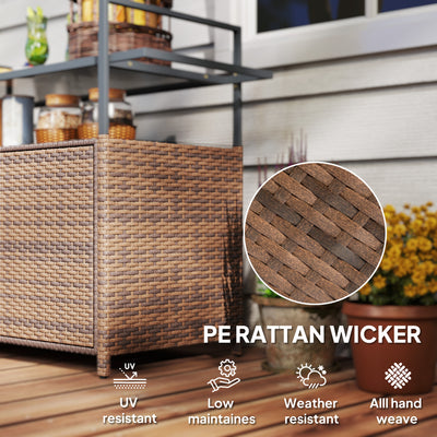 2-Tier Shelf PE Rattan Outdoor Bar Table, Glass Top Outdoor Serving Cart with Cabinet