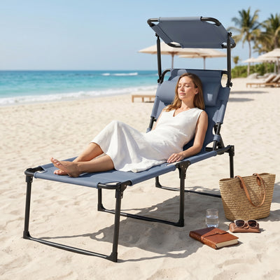 Outdoor Lounge Chair, 4 Position Adjustable Backrest, Folding, Cushioned w/ Sun Shade Roof & Pillow