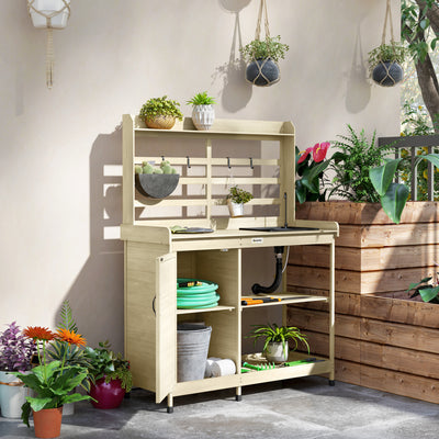 Wooden Potting Bench with Storage, Sink, Water Tap for Backyard, Patio, Balcony
