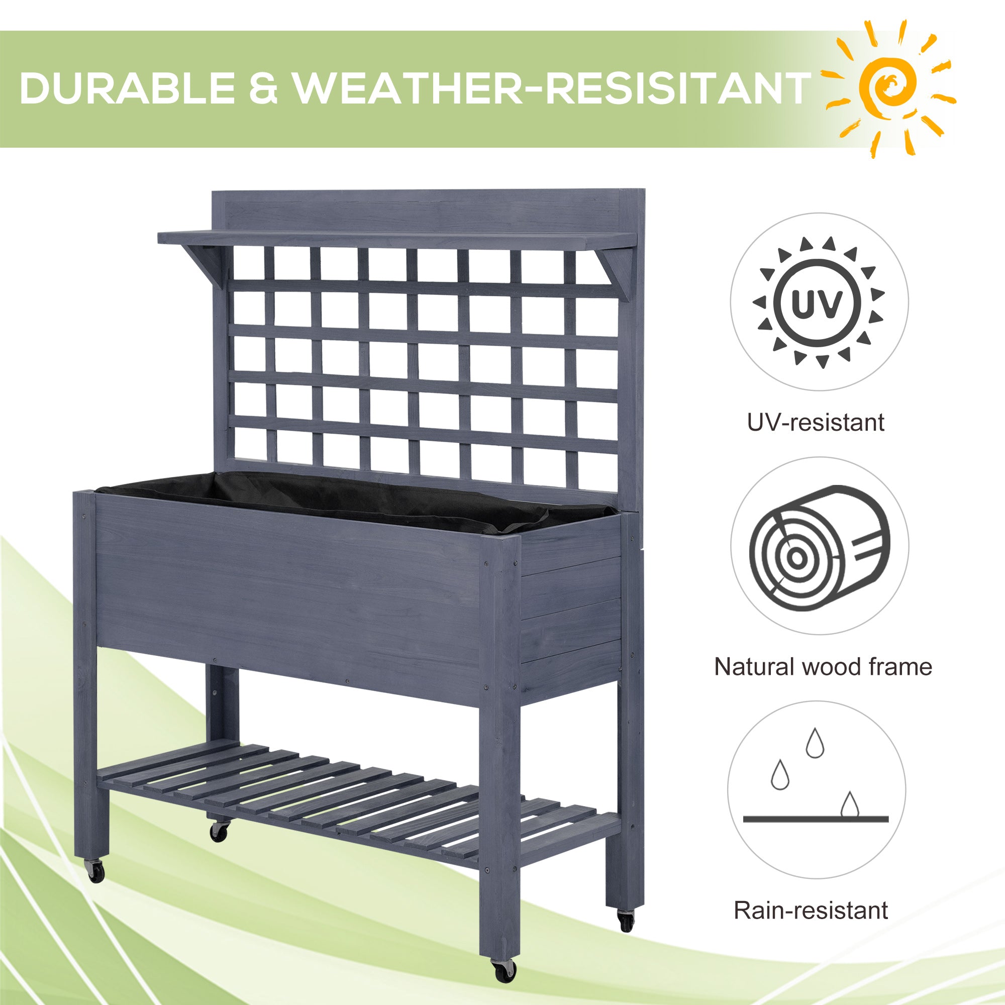 41" Raised Garden Bed Mobile Elevated Wooden Planter Box Stand with Wheels, Trellis and Storage Shelf