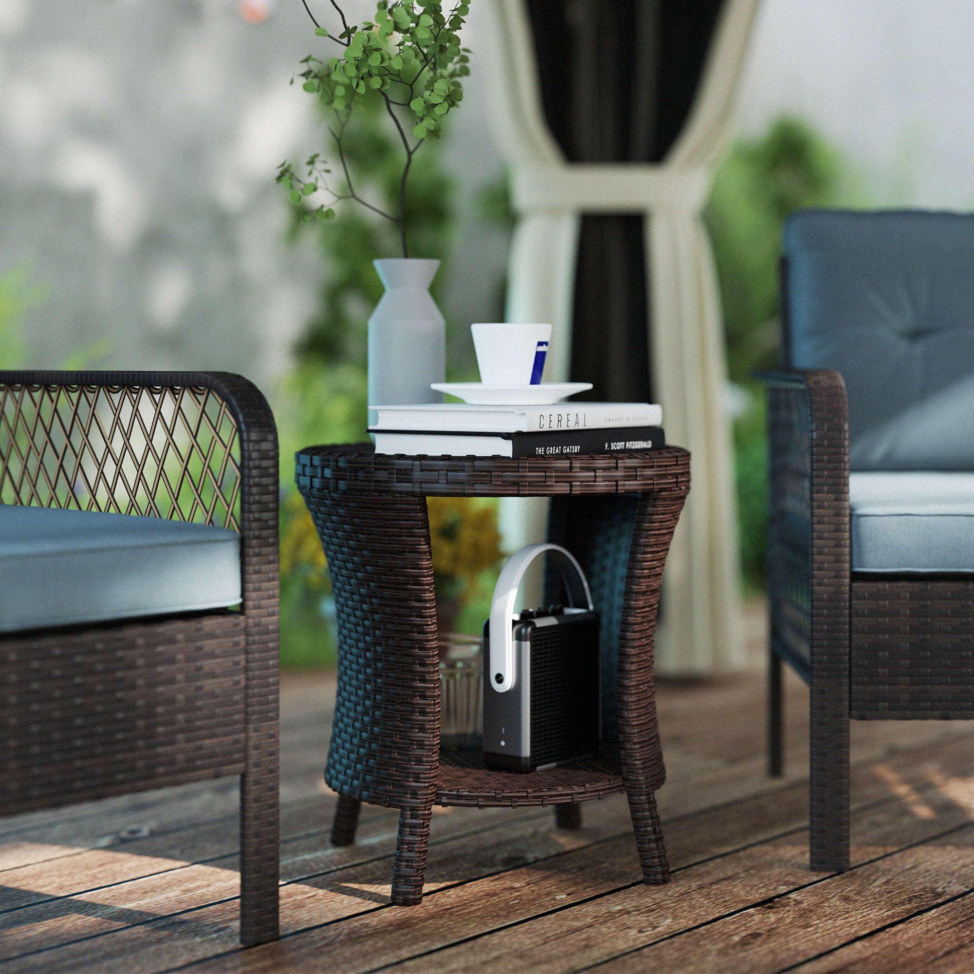 18" Wicker Outdoor Coffee Table, PE Rattan Patio Side Table with 2-Tier Storage, Composite Wood Top
