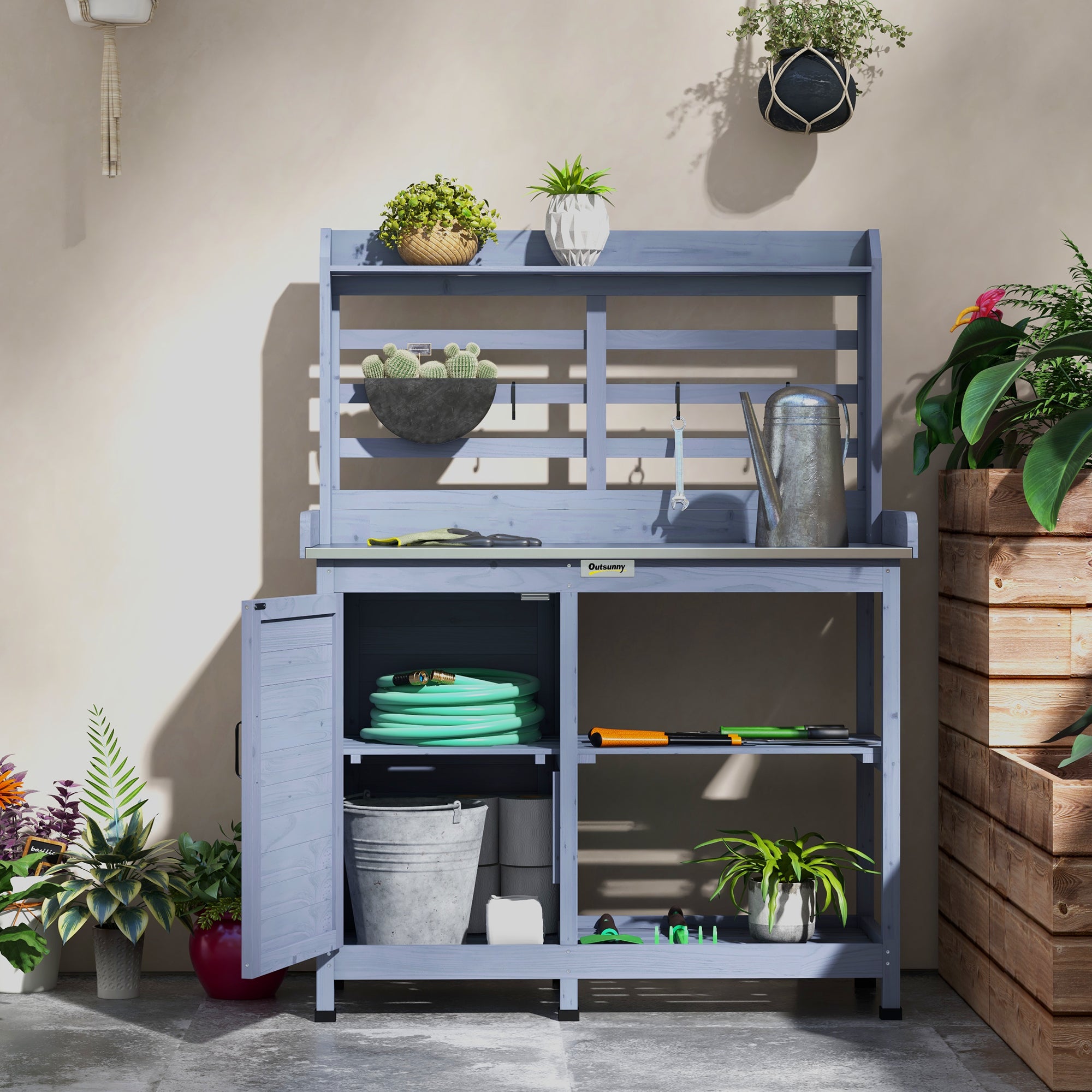 Wooden Potting Bench with Storage, Aluminum Tabletop for Backyard, Patio, Balcony