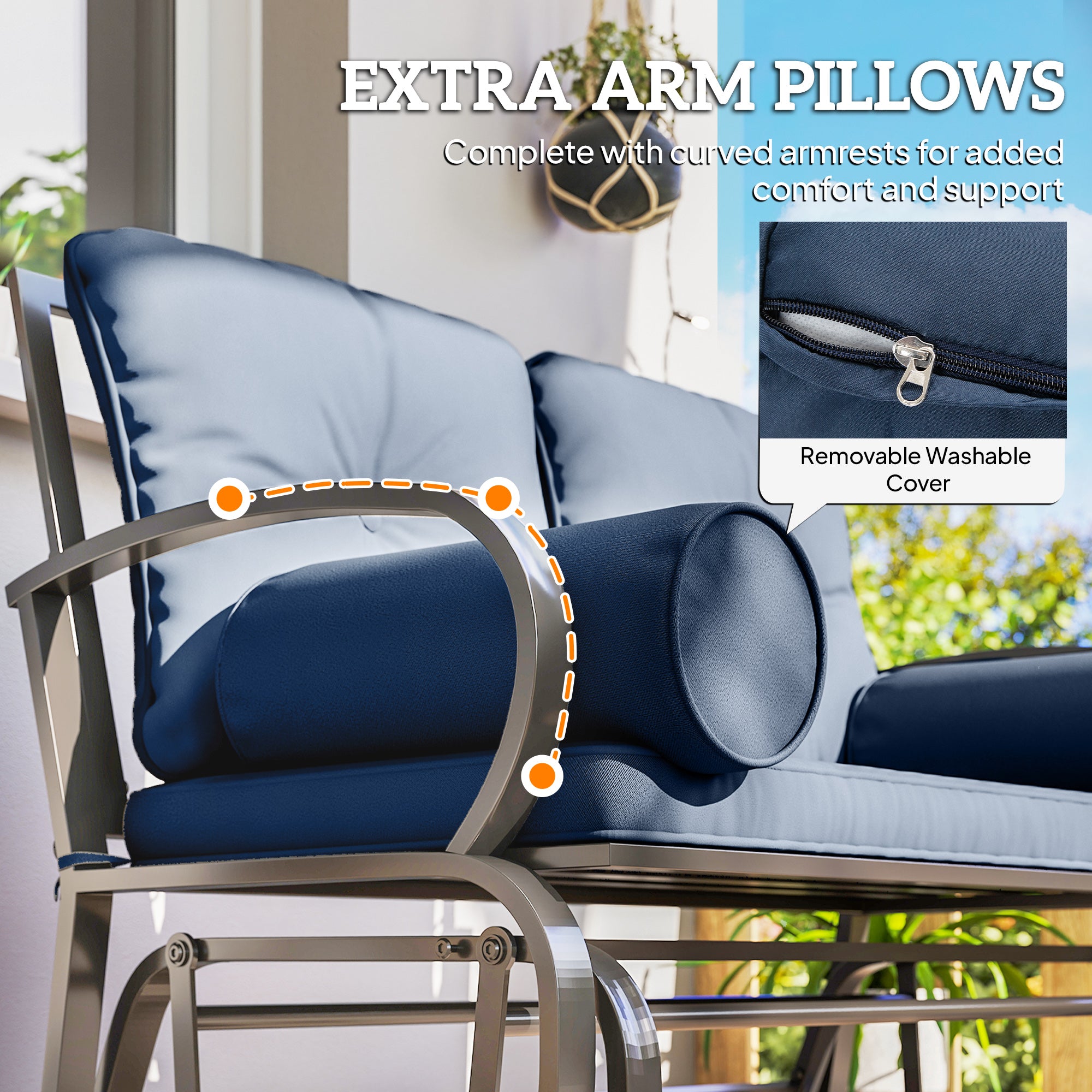 Swing Glider Rocking Chair, Double Patio Bench, 2 Person Loveseat with Steel Frame, Cushions, Pillow Armrests