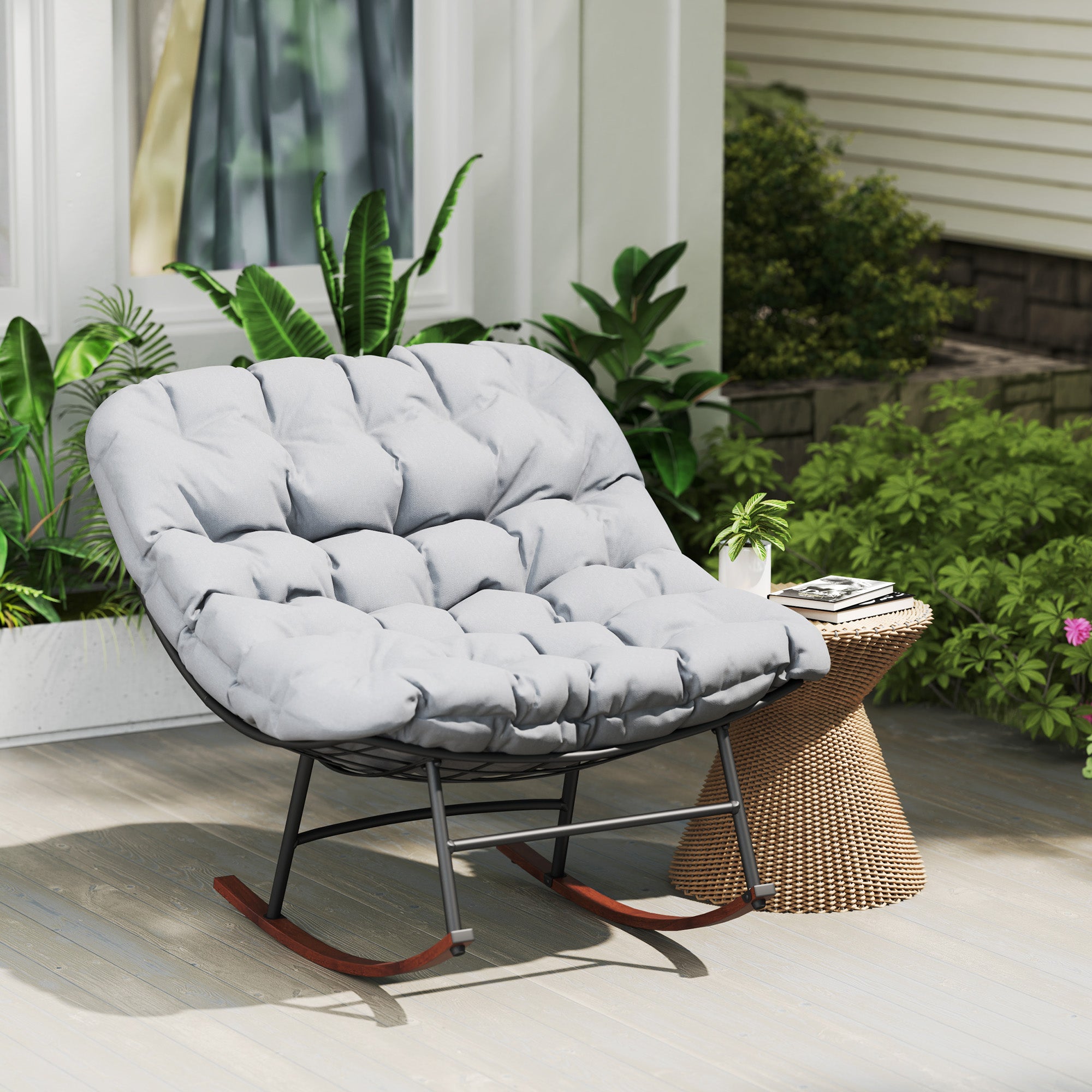 Outdoor Rocking Chair Patio Set of 2, Oversized Rocking Papasan Chairs with Cushions for Garden Porch, 265 lbs.