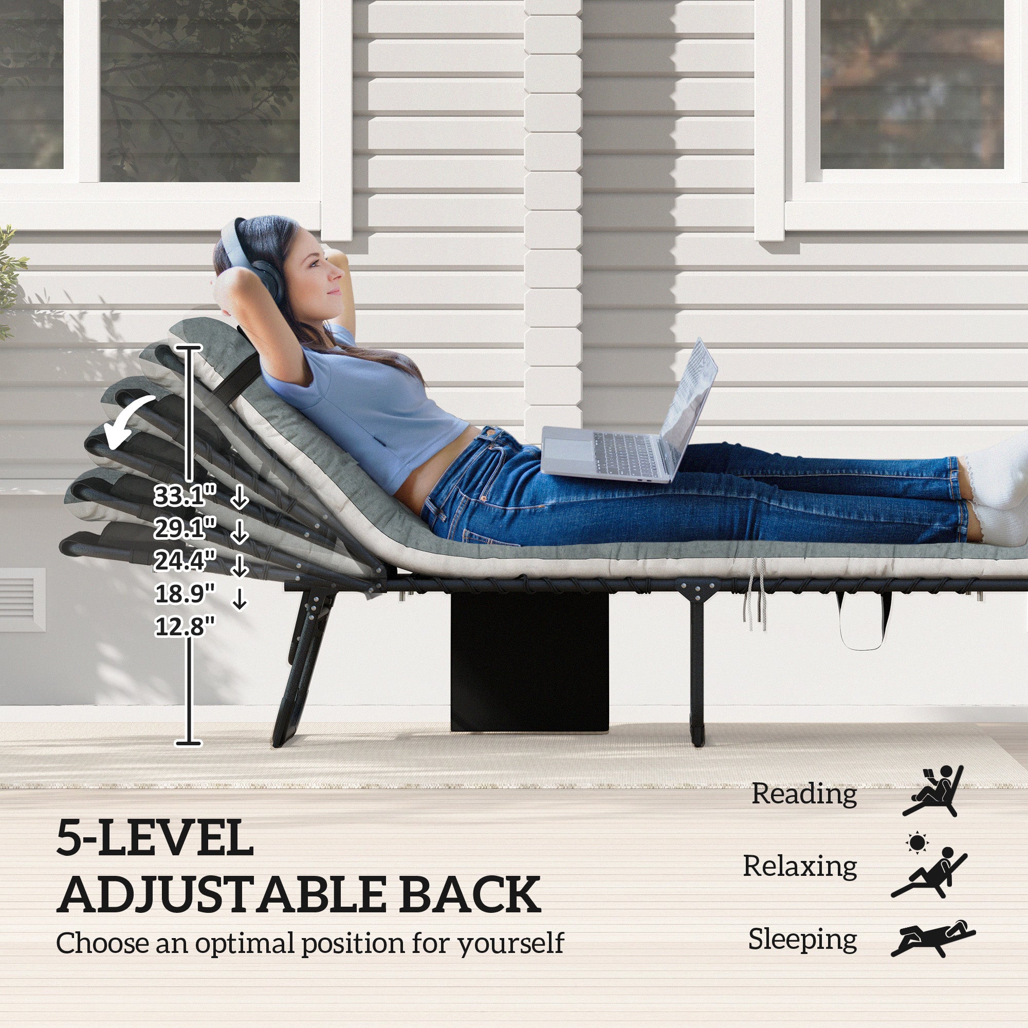 Outdoor Chaise Lounge Chair Set of 2, 5-Level Adjustable Folding Pool Lounge Chairs with Cushions