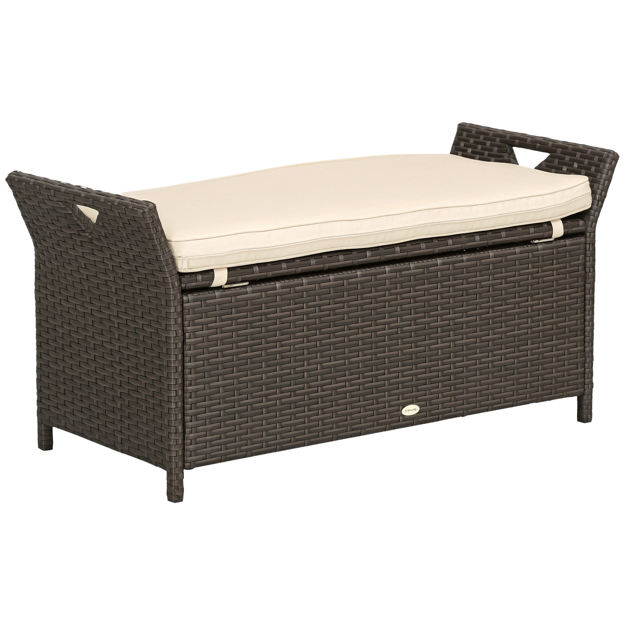 29 Gallon Patio Wicker Storage Bench, Outdoor PE Rattan Furniture, 2-In-1 Large Capacity Rectangle Garden Storage Box with Handles and Cushion