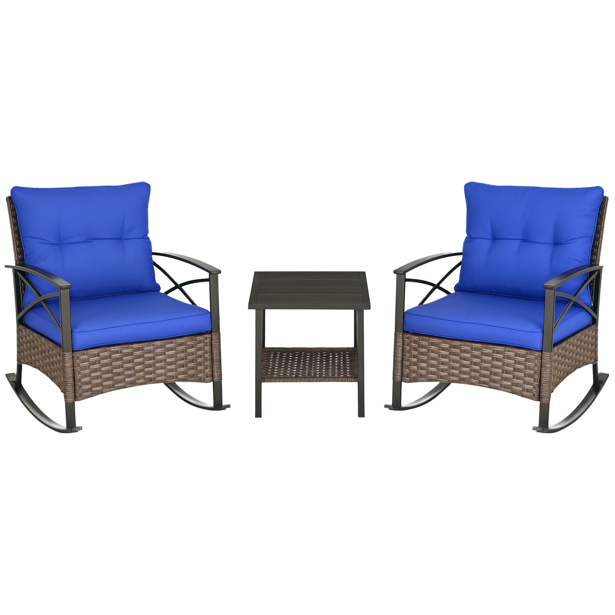 3 Piece Patio Rocking Chair Set, Outdoor Wicker Bistro Set with 2 Oversize Cushioned Porch Rockers and 2 Tier Coffee Table for Garden, Backyard