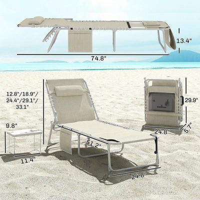 Tanning Chair Set of 2 with Face Hole and Side Table, 5-Position Folding Outdoor Chaise Lounge Chair