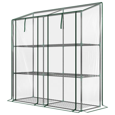 Lean-to Greenhouse, Portable Greenhouse with 3 Tier Shelves, 2 Roll-Up Zippered Doors, 56.3" x 18.1" x 59.4", Clear