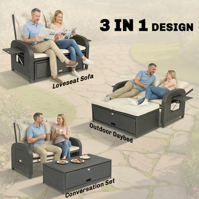 Patio Rattan Daybed, Wicker Outdoor Daybed with Storage Ottoman, Loveseat w/ Adjustable Backrest