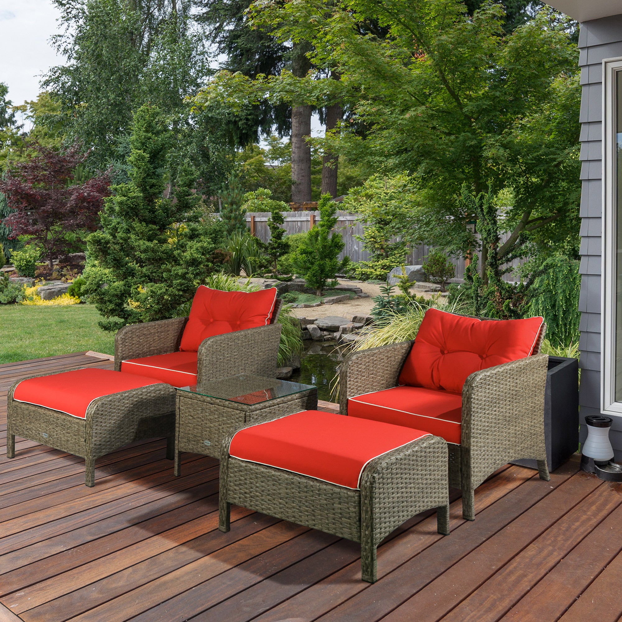 5 Pieces Rattan Wicker Lounge Chair Outdoor Patio Conversation Set with 2 Cushioned Chairs, 2 Ottomans and Tempered Glass Top Coffee Table