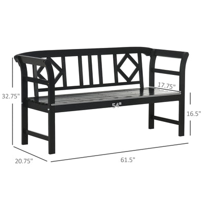 Wooden Patio Bench, Outdoor Garden Bench with Backrest and Armrests, 3 Person Porch Bench with Rustic Country Diamond Pattern, Black