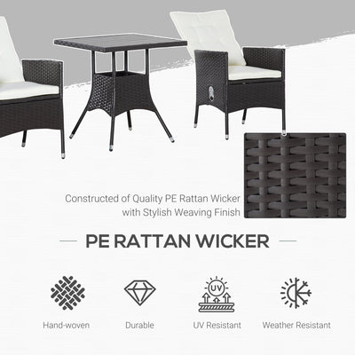 3 Piece Patio Bistro Set, PE Wicker Furniture Conversation Set w/ Tufted Cushion Reclining Chairs & Coffee Table, Cream