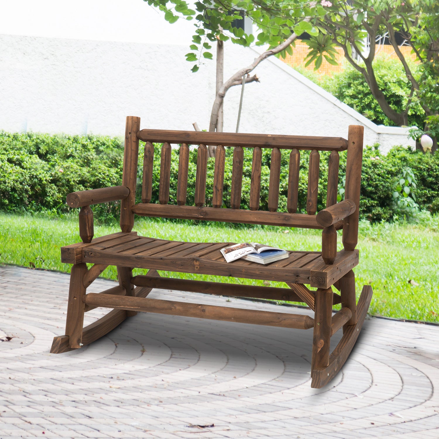 2-Person Wood Rocking Chair with Log Design, Heavy Duty Loveseat with Wide Curved Seats for Patio, Backyard, Garden
