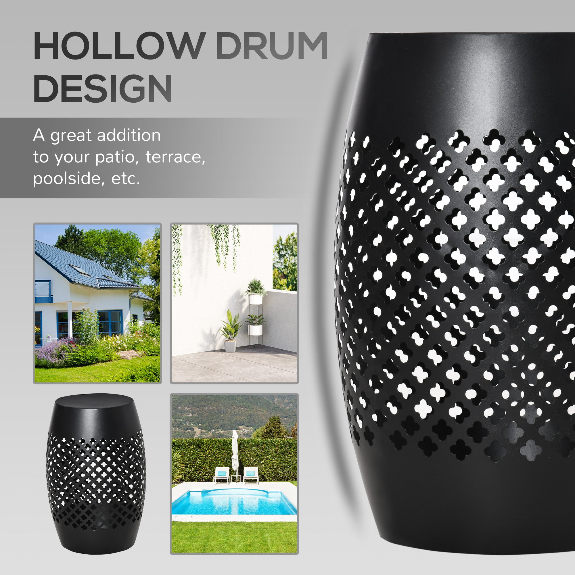 12" Steel Outdoor Side Table, Round Hollow Drum Patio End Table, Accent Table for Indoor and Outdoor