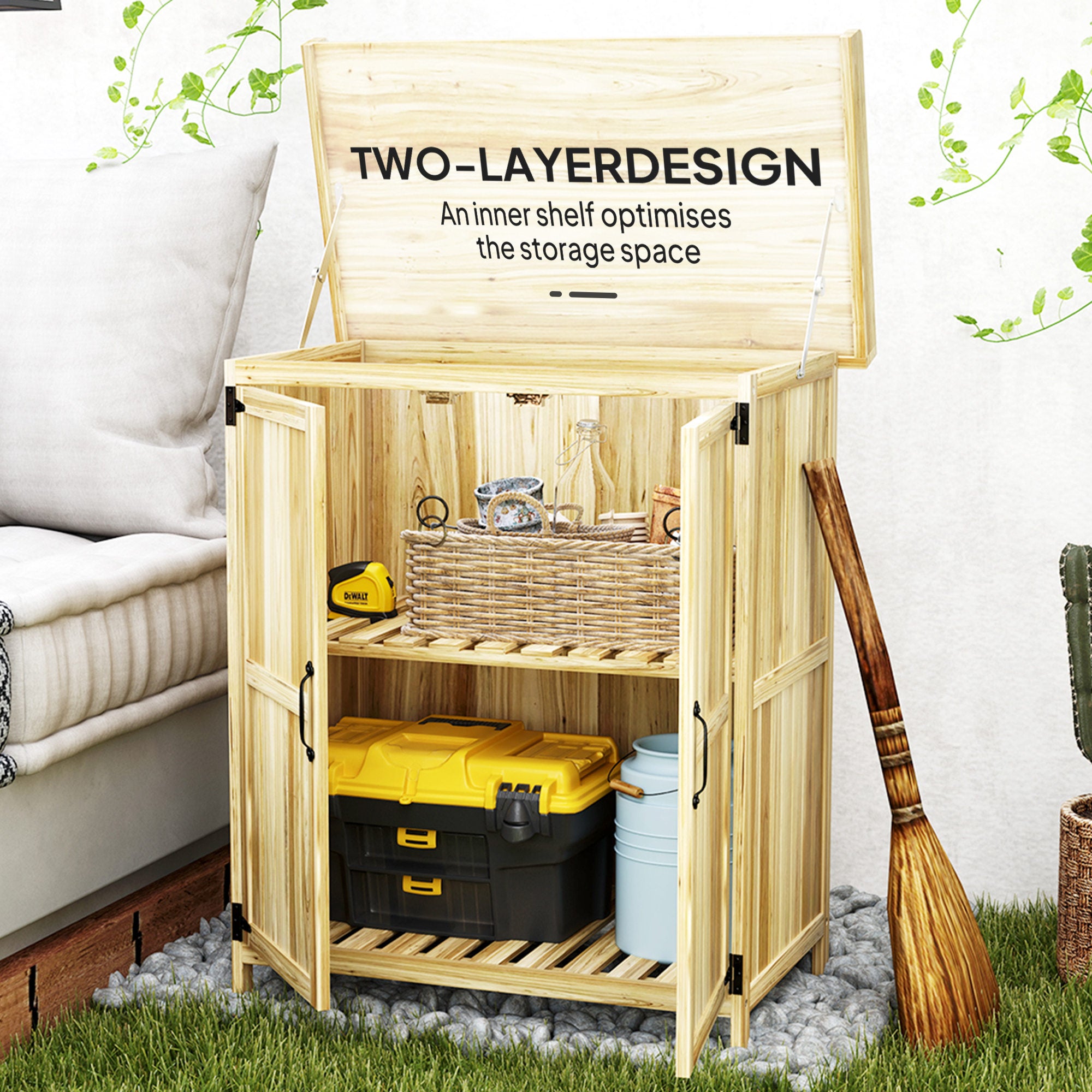 Outdoor Storage Cabinet, Garden Tool Shed with Metal Tabletop and Shelf, Wooden Potting Bench with 2 Doors