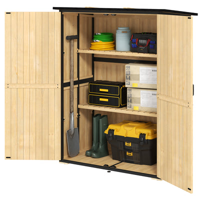 Wood Storage Shed, Outdoor Garden Shed with Asphalt Roof, 2 Shelves, Lockable Doors and Adjustable Feet