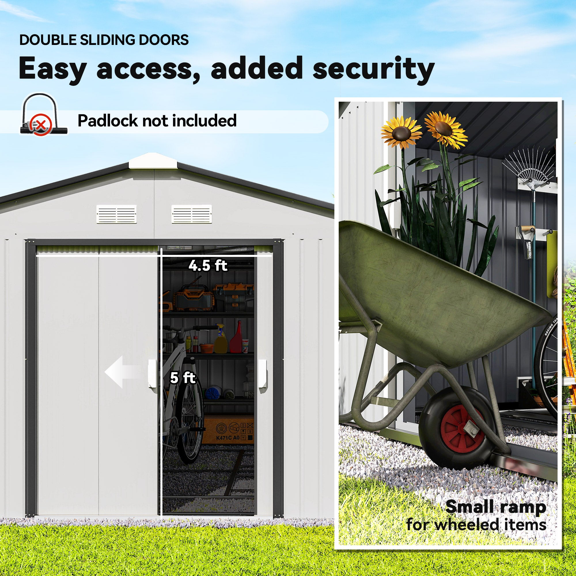 Garden Metal Shed, Storage Shed Utility Storage with Double Locking Doors for Bike, Yard Tools
