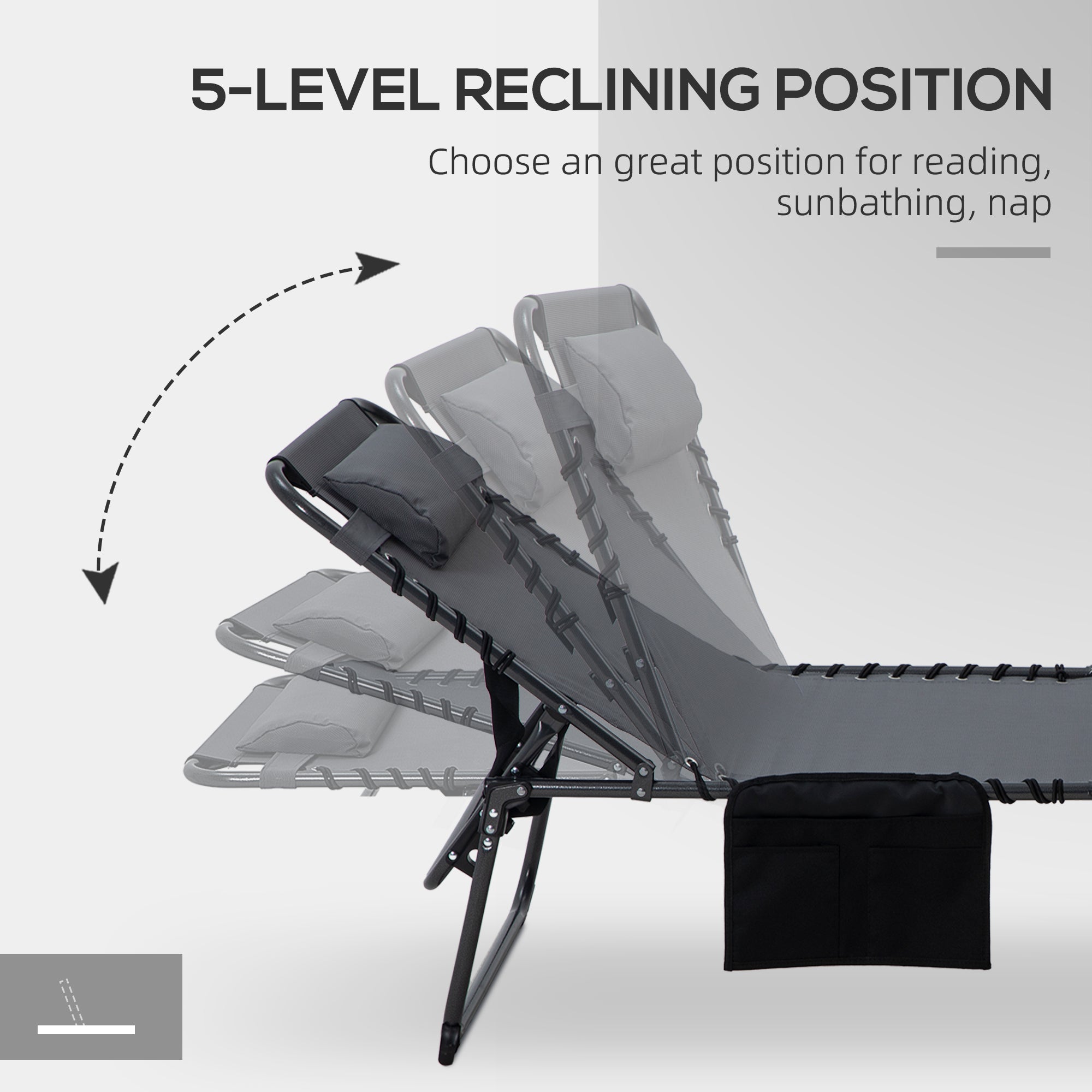 2 Piece Folding Chaise Lounge Pool Chairs with 5-level Reclining Back, Reading Hole, Side Pocket