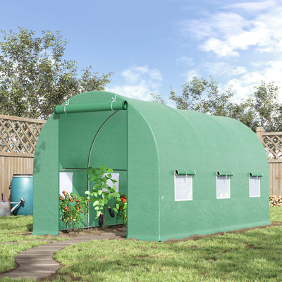 15' x 7' x 7' Walk-in Tunnel Hoop Greenhouse, Green House for Outside with PE Cover, Steel Frame, Roll-Up Zipper Door & Windows for Flowers, Vegetables, Tropical Plants, Green