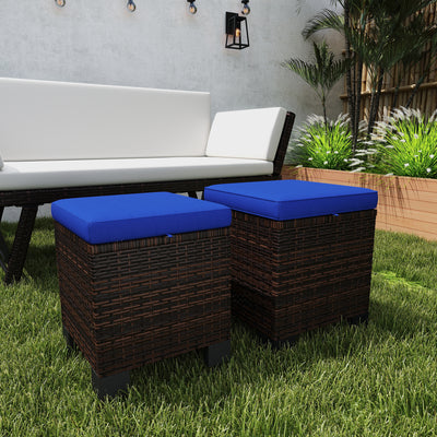 2 Piece Wicker Outdoor Ottomans with Cushions, Rattan Ottoman Footrest and Side Table for Patio, Yard, Poolside