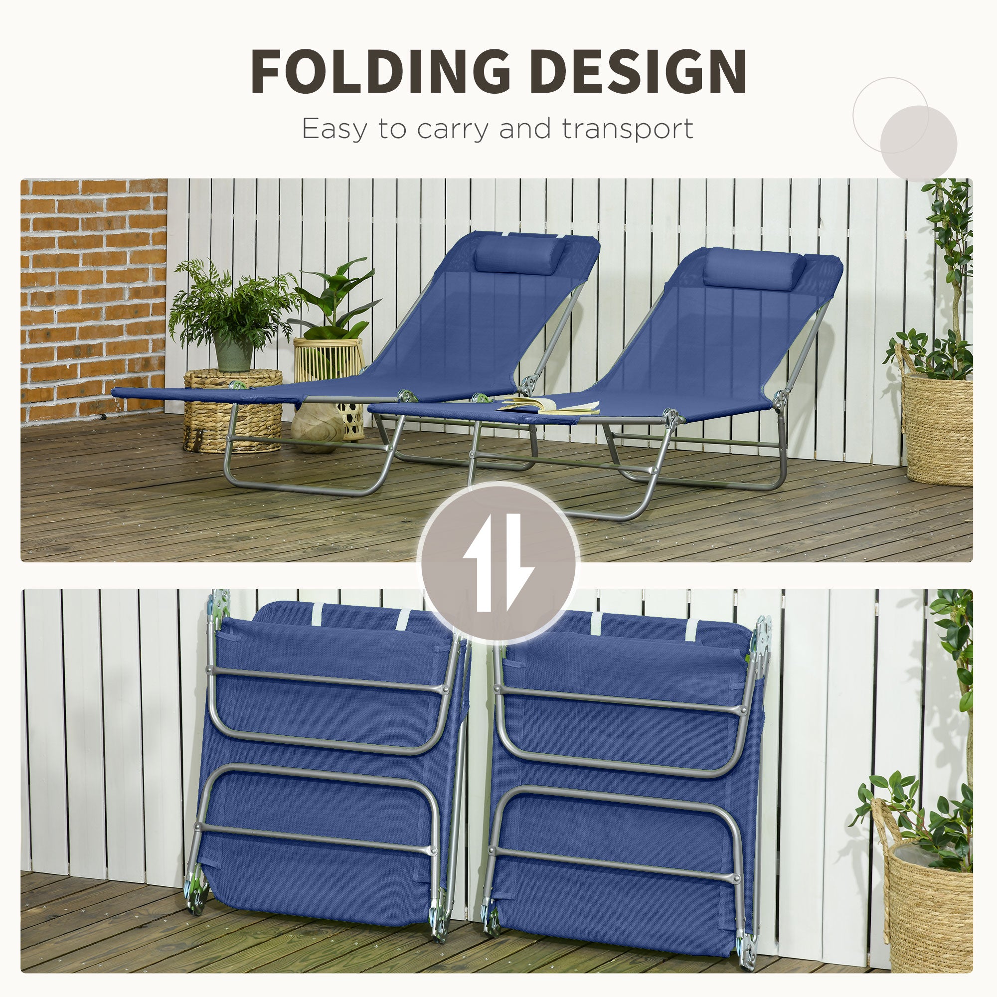 2 Piece Folding Chaise Lounge Chairs, Pool Sun Tanning Chairs with Reclining Back, Breathable Mesh Seat