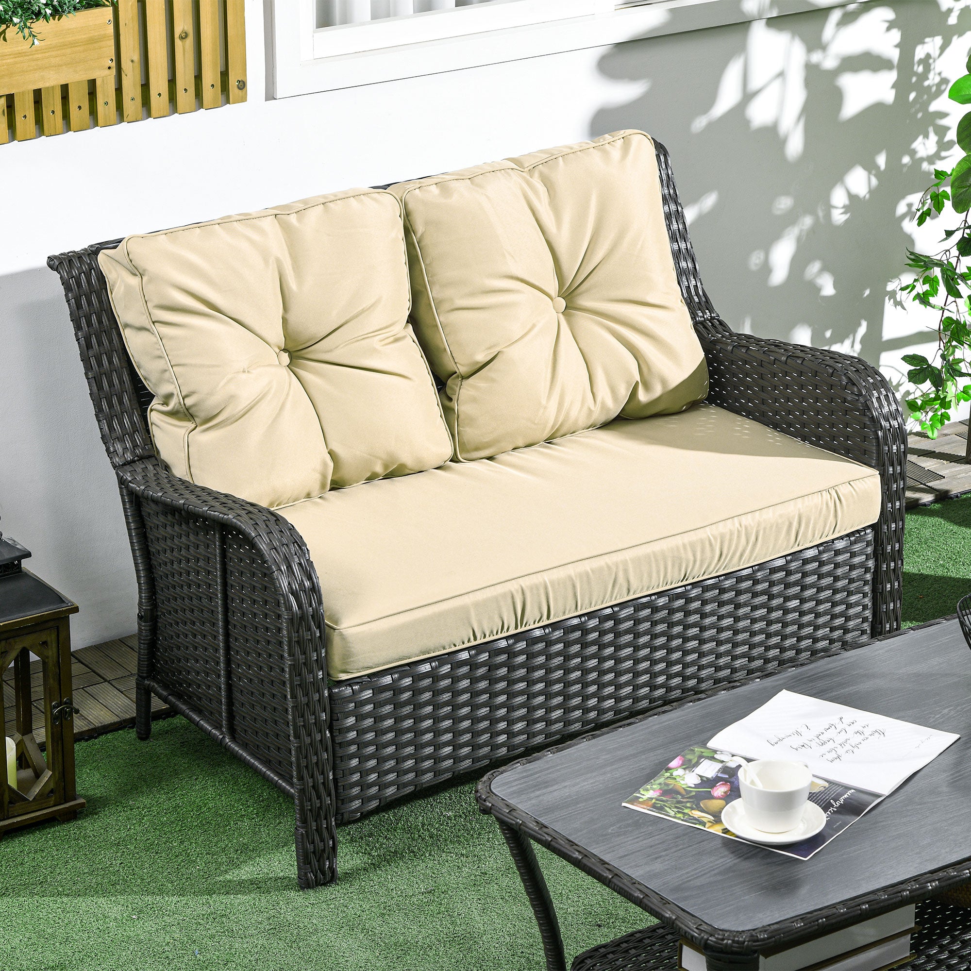 2-Seater Outdoor Sofa w/ 4" Thick Cushions, Outdoor Couch, Beige