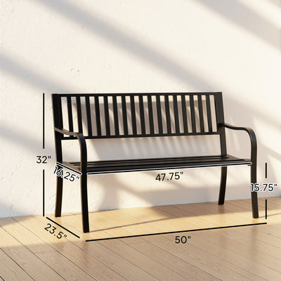 50" Outdoor Garden Bench, Patio Bench with Slatted Seat, Metal Porch Bench for Backyard, Poolside, Lawn, Black