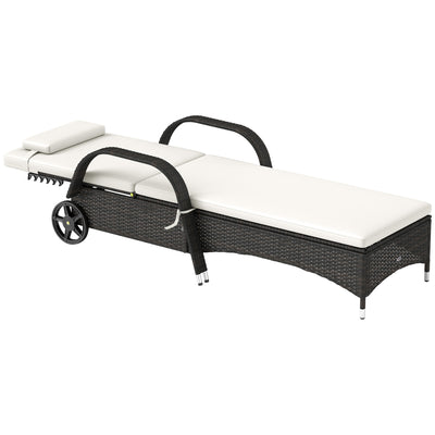 Outdoor Chaise Lounge, 5-Level Adjustable Backrest Rattan Pool Lounge Chair with Wheels, Cushion & Headrest