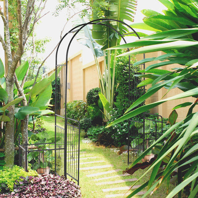 86" Garden Arch Arbor, Metal Arch Trellis with Gate and Planter Baskets, Garden Archway for Climbing Vines, Wedding Ceremony Decoration, Flourishes & Arrow Tips, Black