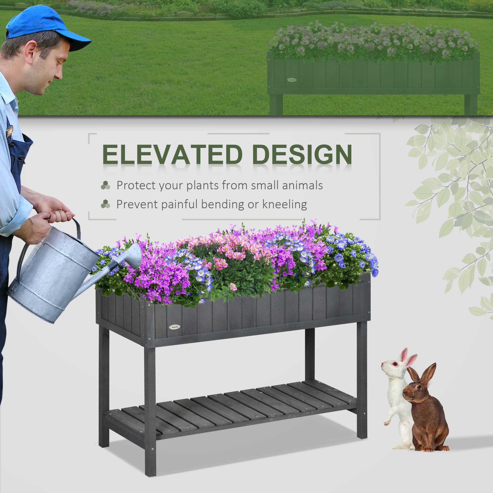 Wooden Raised Garden Bed, Elevated Planter Box Stand with 8 Slots and Open Shelf, Dark