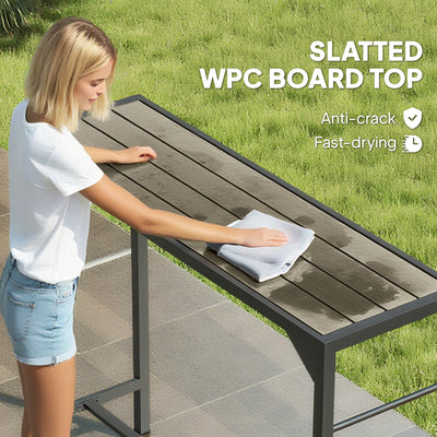 Outdoor Bar Table, Bar Height Patio Bar Table w/ Built-In Bottle Opener, Plastic Top with Wood Grain, 47.25" x 15" x 39"