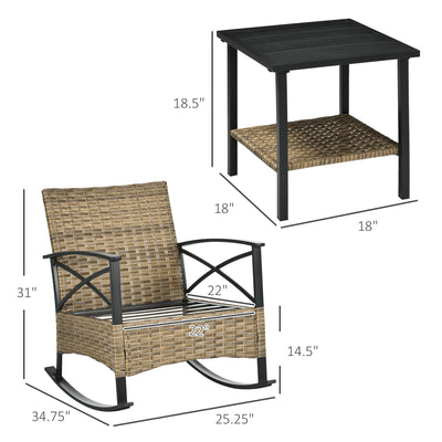 3 Piece Patio Rocking Chair Set, Outdoor Wicker Bistro Set with 2 Oversize Cushioned Porch Rockers and 2 Tier Coffee Table for Garden, Backyard