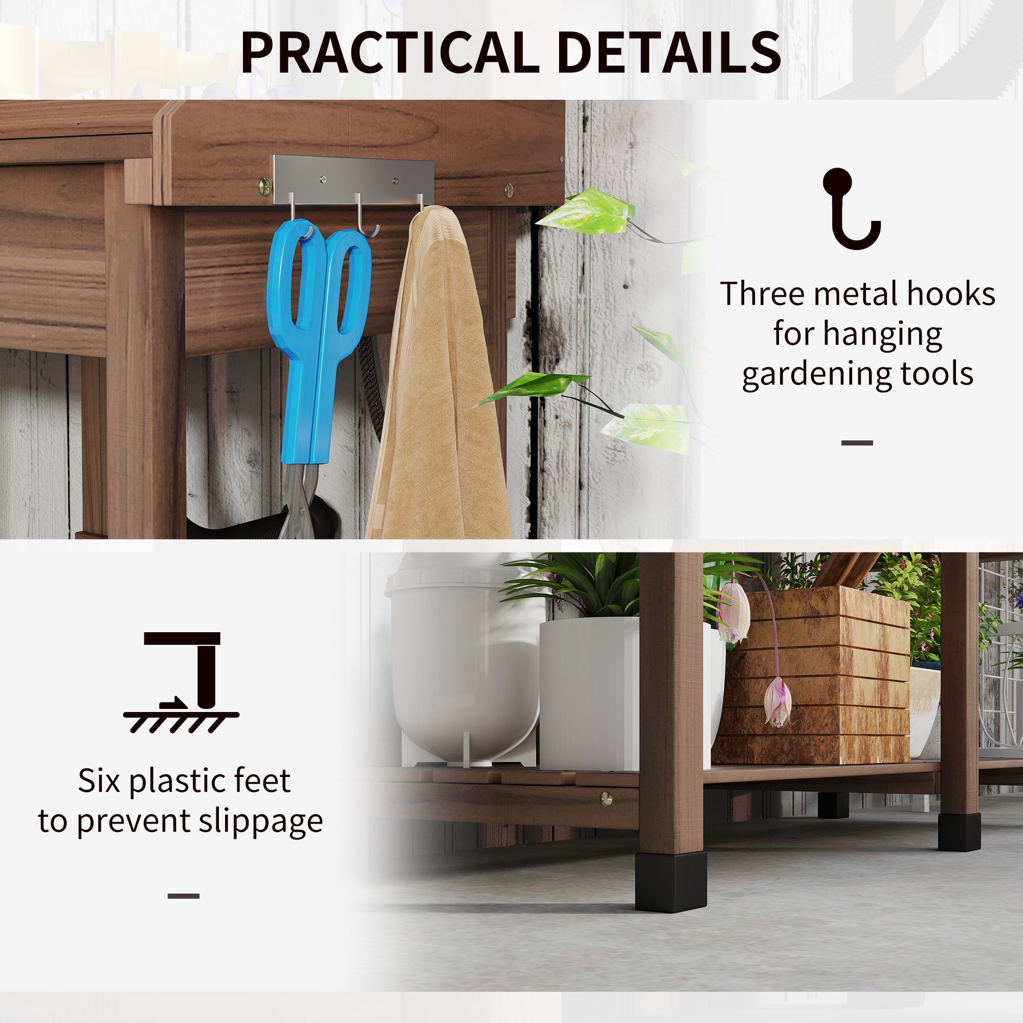 Potting Bench Table, Outdoor Garden Table Wooden Work Station with Removable Sink, Faucet, Drawer, Shelves, Hooks