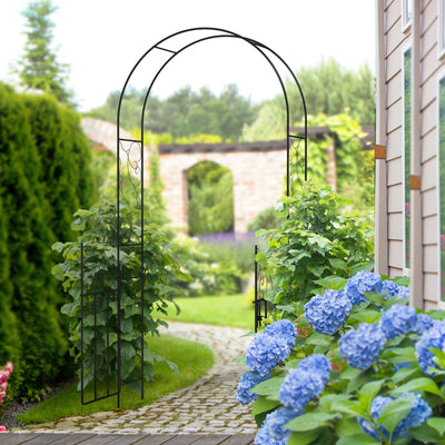 89.25" Metal Garden Arch with Gate, Garden Arbor Trellis for Climbing Plants, Roses, Vines, Wedding Arch, Black