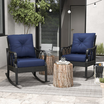 2 Piece Outdoor Wicker Rocking Chairs Rattan Porch Rockers with Cushions, Aluminum Frame for Garden, Patio, Blue