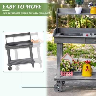 36'' Wooden Potting Bench Work Table with 2 Removable Wheels, Sink, Drawer & Large Storage Spaces