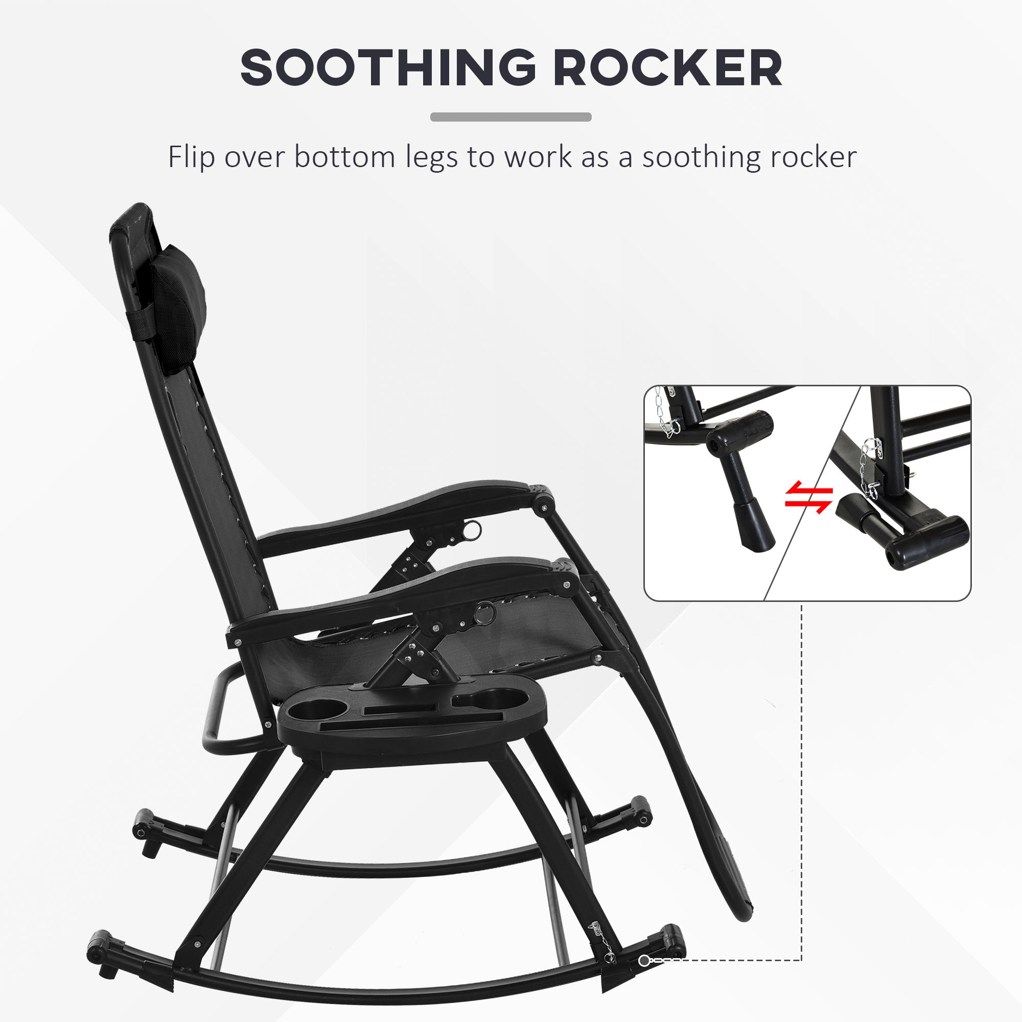 2 Outdoor Rocking Chairs Foldable Reclining Zero Gravity Lounge Rockers w/ Pillow Cup & Phone Holder