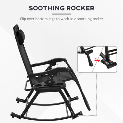 2 Outdoor Rocking Chairs Foldable Reclining Zero Gravity Lounge Rockers w/ Pillow Cup & Phone Holder